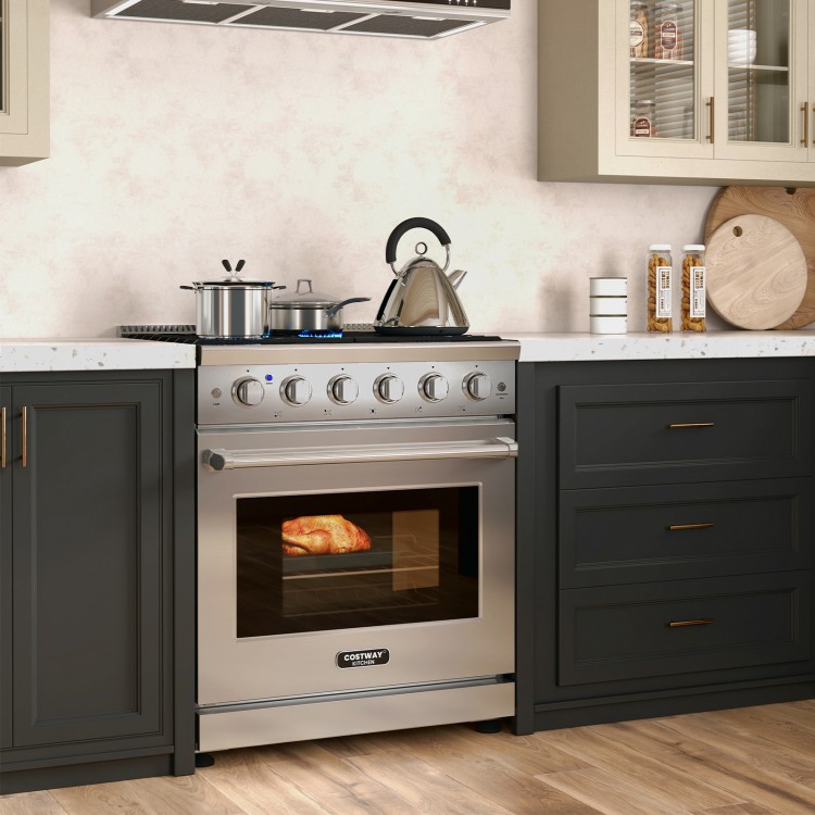 30-inch natural gas range with 5 burners, 4.55 cu.ft. oven, and storage drawer in a modern kitchen setting.