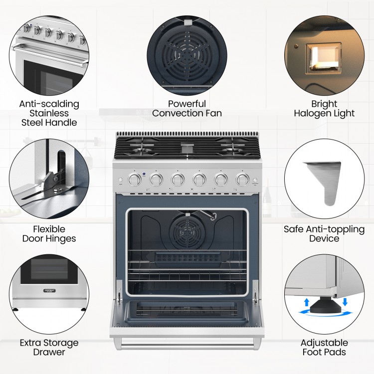 30-inch natural gas range with 5 burners, convection fan, and bright halogen light for efficient cooking.