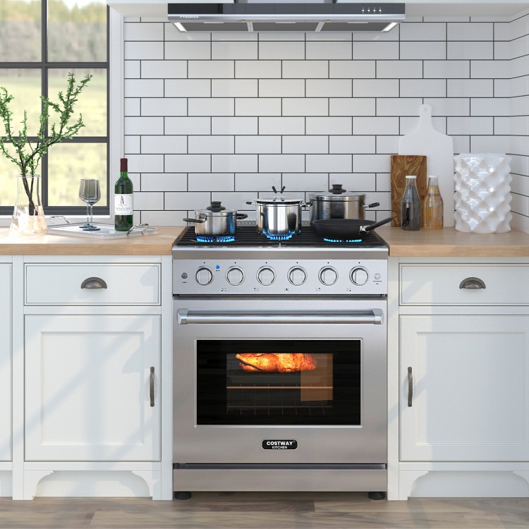 30-inch natural gas range with 5 burners and a spacious oven, ideal for versatile cooking in modern kitchens.