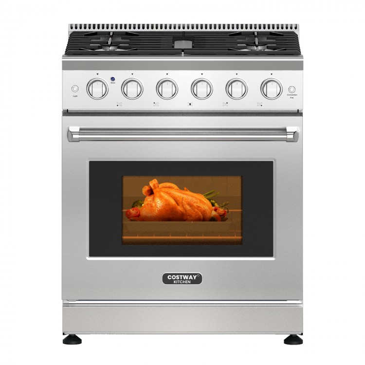30-inch natural gas range featuring a built-in bake burner and broil burner for customized cooking versatility.