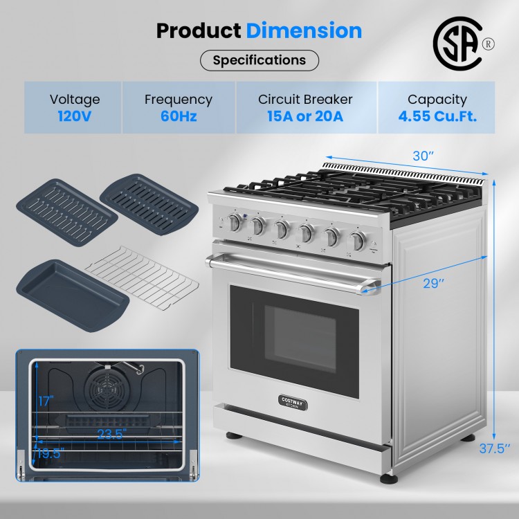Detailed specifications of the 30-inch natural gas range, highlighting the 4.55 cu.ft. oven and 15A or 20A circuit.