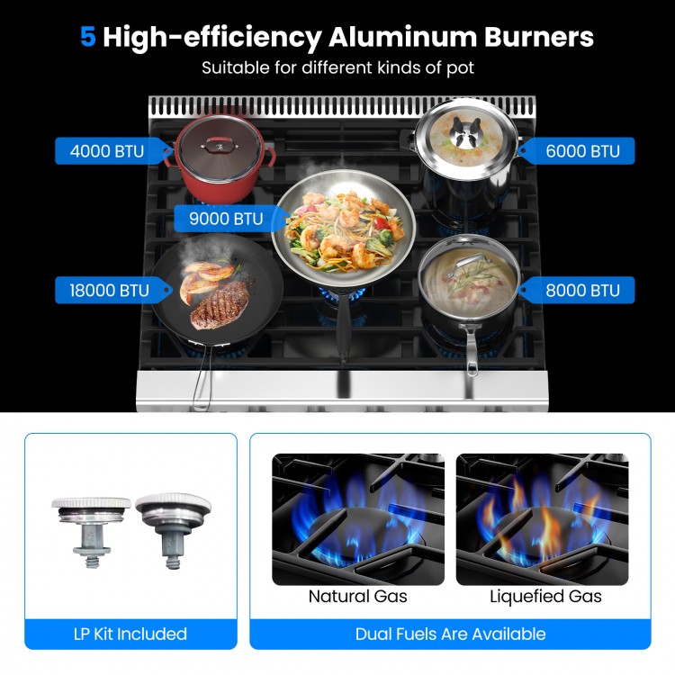 30-inch natural gas range with 5 high-efficiency aluminum burners, suitable for various pot sizes and cooking needs.