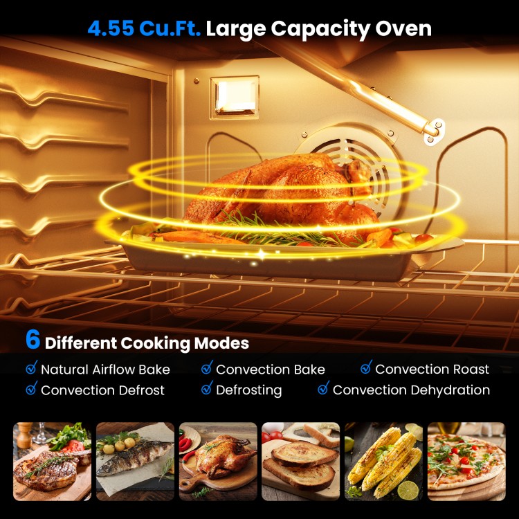Large capacity 4.55 cu.ft. oven with convection fan, showcasing a roast with natural airflow bake mode for versatile.