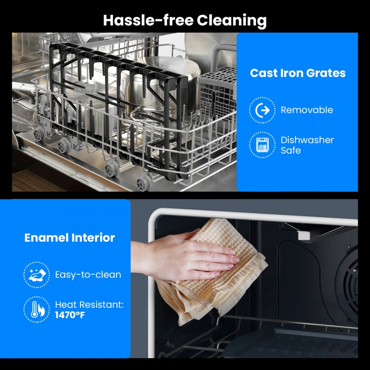 Dishwasher safe cast iron grates in a 30-inch natural gas range for hassle-free cleaning and maintenance.