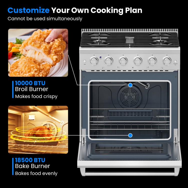 30-inch natural gas range with 5 burners, including a 10,000 BTU broil burner and 18,500 BTU bake burner for versatile.