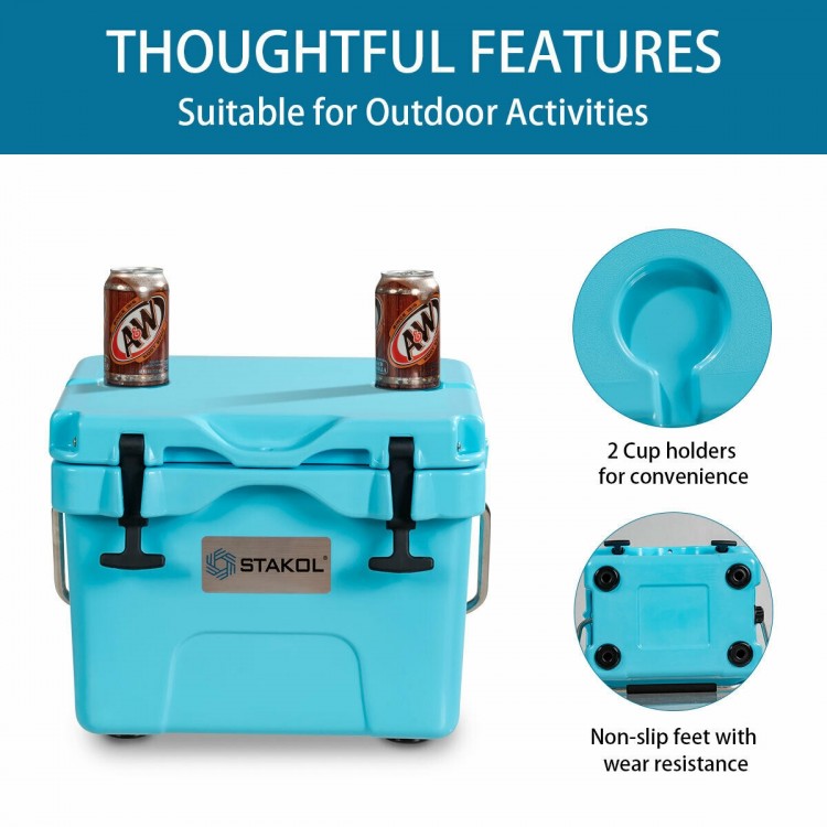 Portable insulated ice cooler in blue with 24-can capacity, 2 cup holders, and non-slip feet for outdoor activities.