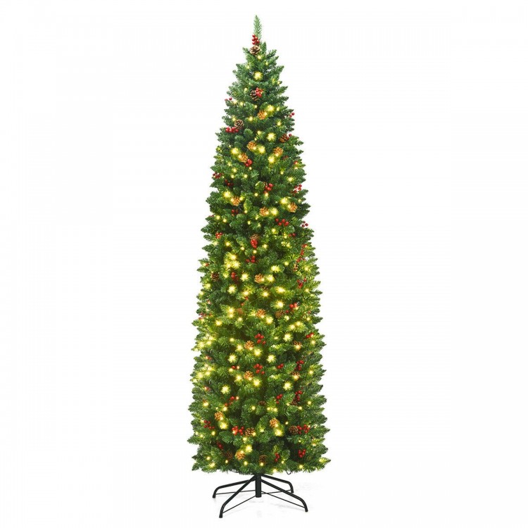 7.5 feet pre-lit pencil Christmas tree with red berries and pine cones, perfect for small spaces and holiday decor.