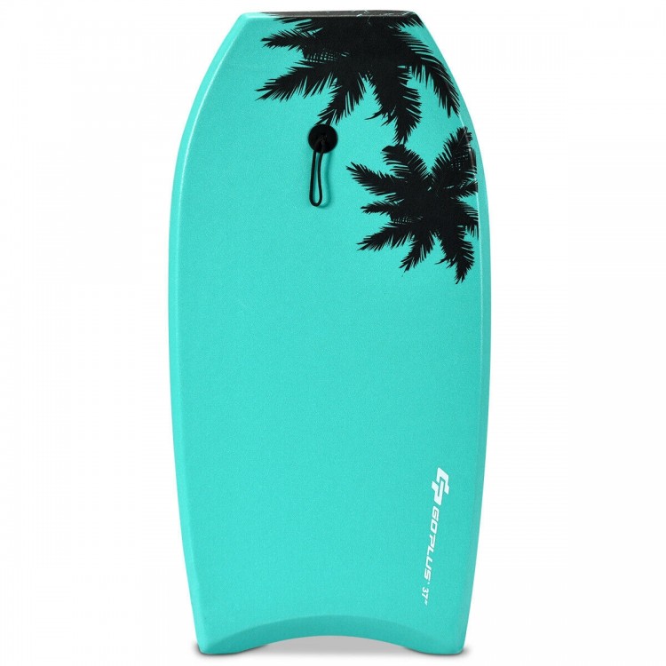Lightweight 33-inch bodyboard in turquoise with palm design, featuring EPS core and leash for safe surfing fun.