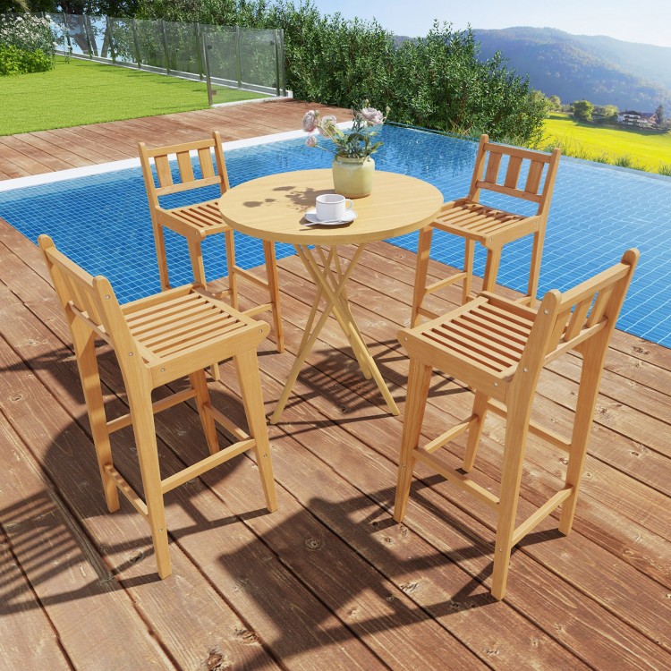 Teak wood bar chair with backrest and footrest, ideal for poolside or garden use, featuring a slatted design for.