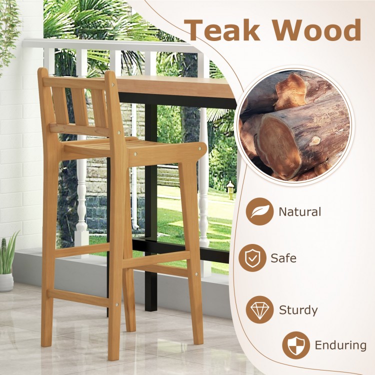 Teak wood bar chair with backrest and footrest, designed for outdoor use, perfect for poolside and garden settings.