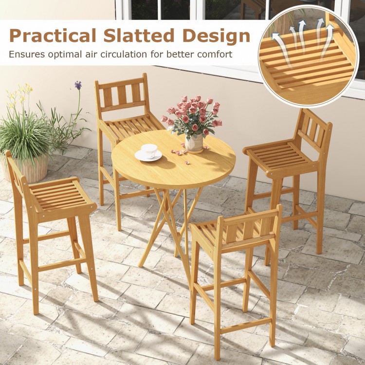 Teak wood bar chair with slatted design and footrest, ideal for deck or poolside use, ensuring comfort and style.