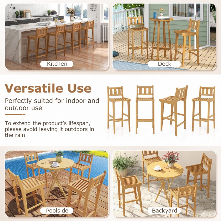 30-inch teak wood bar chair with footrest and backrest, ideal for deck or poolside use, featuring a slatted design.