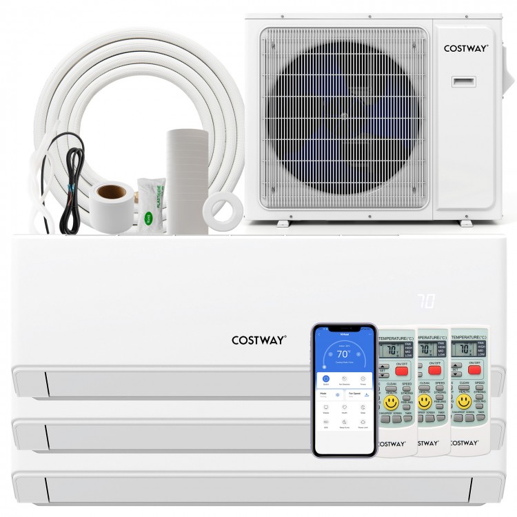 30000 BTU 3 zone mini split air conditioner with Wifi, heat pump, and remote control for efficient climate control.