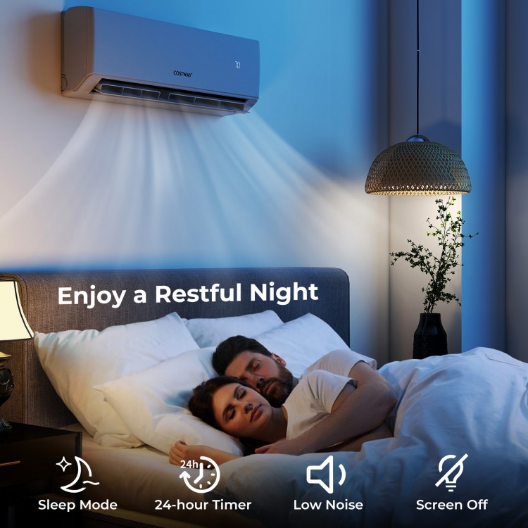Mini split air conditioner in a bedroom, showcasing low noise operation and WiFi-enabled features for customizable.
