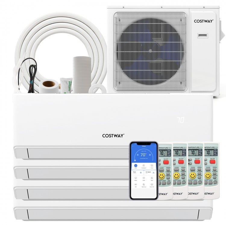 30000 BTU 4 zone mini split air conditioner with Wifi, heat pump, and remote control for efficient climate control.