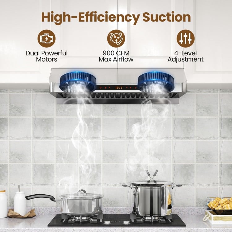30-inch stainless steel under cabinet range hood with dual motors, 900 CFM airflow, and adjustable LED lights for.