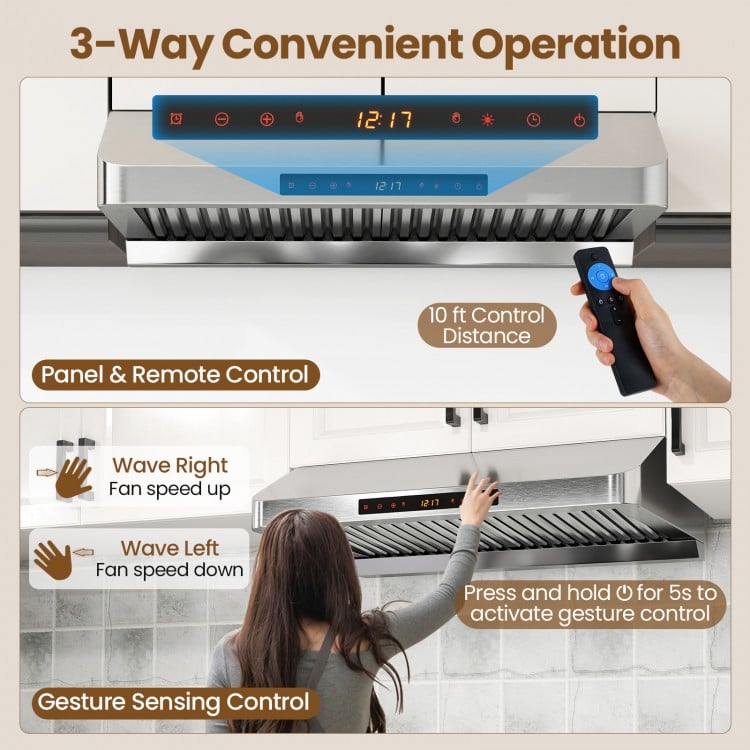 30-inch stainless steel under cabinet range hood with remote control, gesture sensing, and adjustable LED lights for.