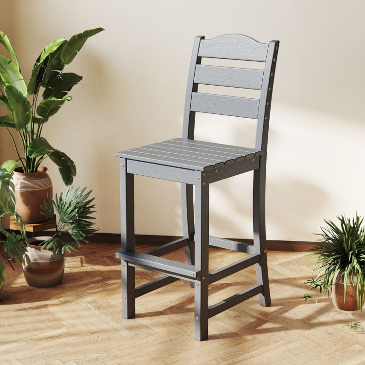 Gray 30-inch counter height bar stool with backrest and footrest, made of HDPE for outdoor durability and comfort.
