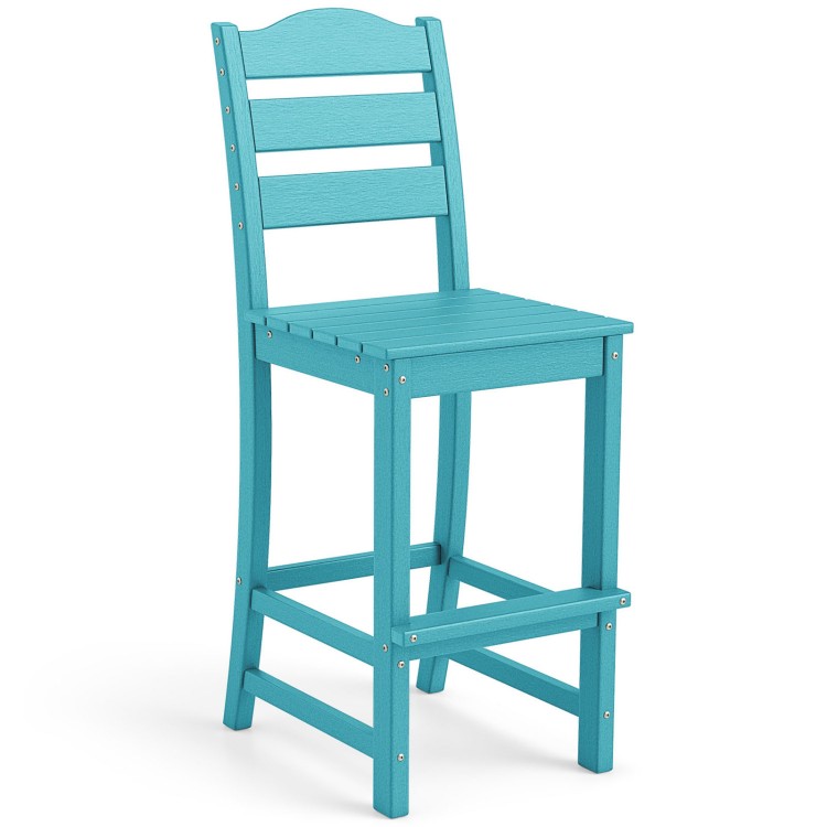 Turquoise 30-inch HDPE bar stool with backrest and footrest, designed for outdoor use and easy maintenance.
