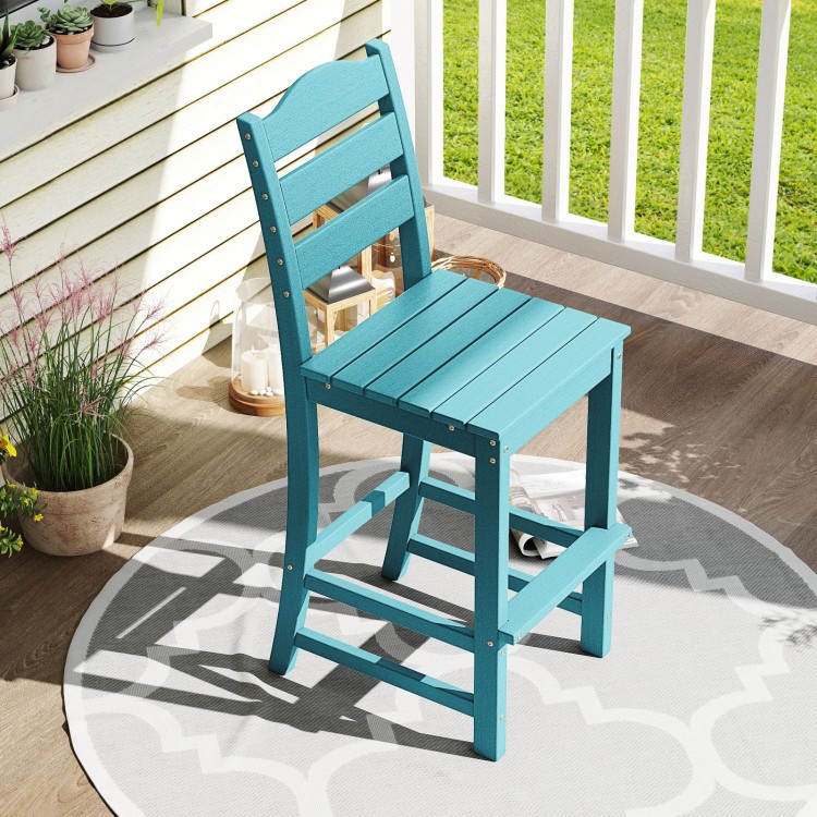 Turquoise 30-inch counter height bar stool with backrest and footrest, made of all-weather HDPE for outdoor use.