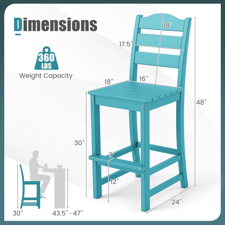Turquoise HDPE bar stool dimensions showing 30" height, 360 lbs capacity, ideal for matching 43.5"-47" bar tables.