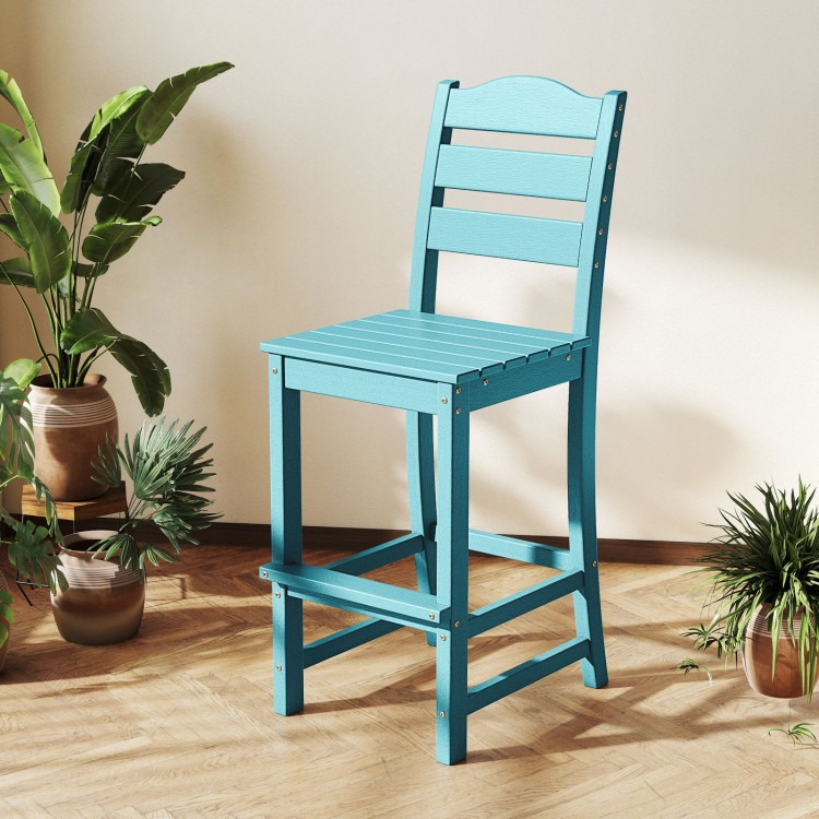 Turquoise HDPE bar stool featuring a slatted design and wider footrest, ideal for outdoor bar tables and comfort.