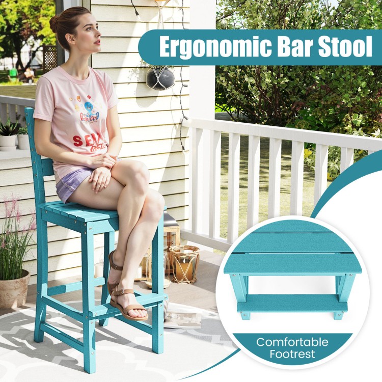 Turquoise 30-inch HDPE bar stool with backrest and footrest, designed for outdoor comfort and durability.