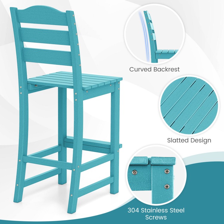 Turquoise 30-inch HDPE bar stool with curved backrest and slatted design, perfect for outdoor bar tables.