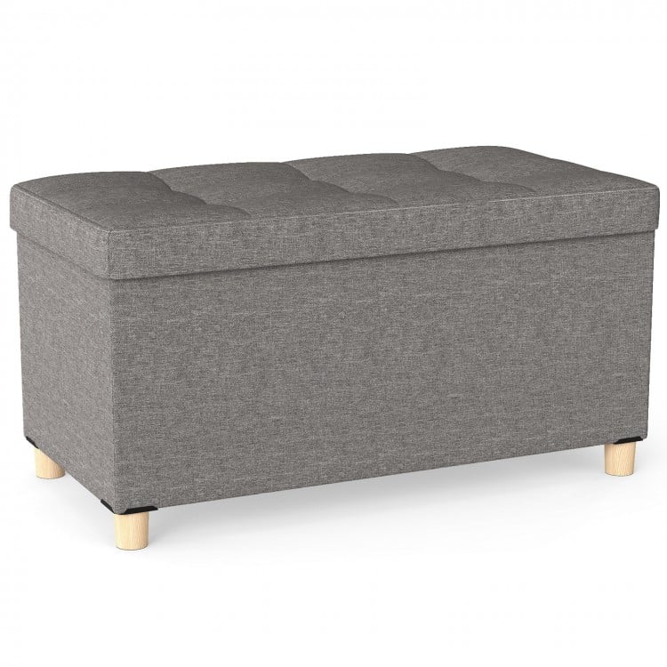 Gray storage ottoman bench with rubber wood legs, 20.5-gallon capacity, flip-over lid for drinks, ideal for living.
