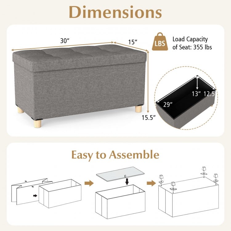 Gray 30-inch storage ottoman bench with rubber wood legs, featuring a flip-over lid and 20.5-gallon capacity for.