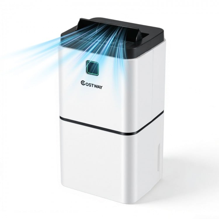 Compact 30-pint dehumidifier with digital display, suitable for rooms up to 1,500 sq.ft, featuring a child-lock setting.