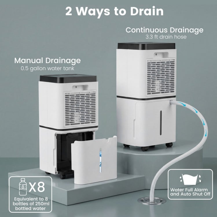 30 pints dehumidifier with 0.5-gallon tank and 3.3 ft drain hose, ideal for medium to large rooms up to 1,500 sq.ft.