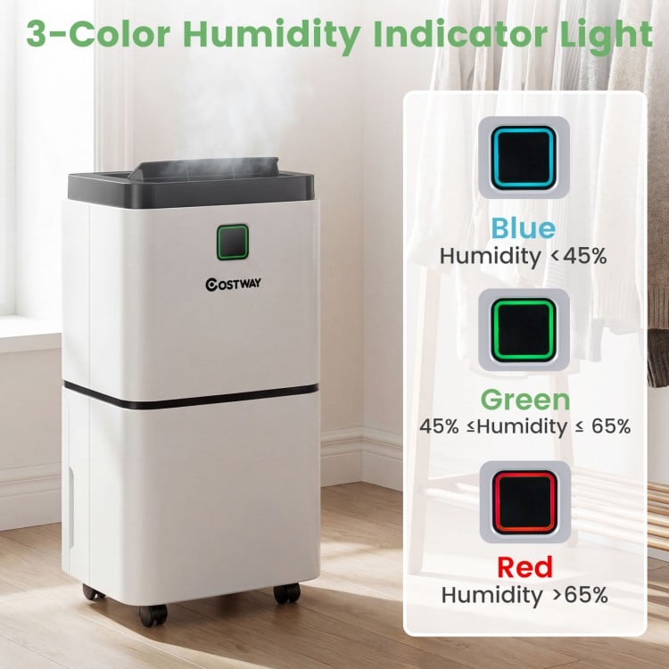 30 pints dehumidifier with digital display, humidity indicator light, and 4 wheels for easy mobility in large rooms.