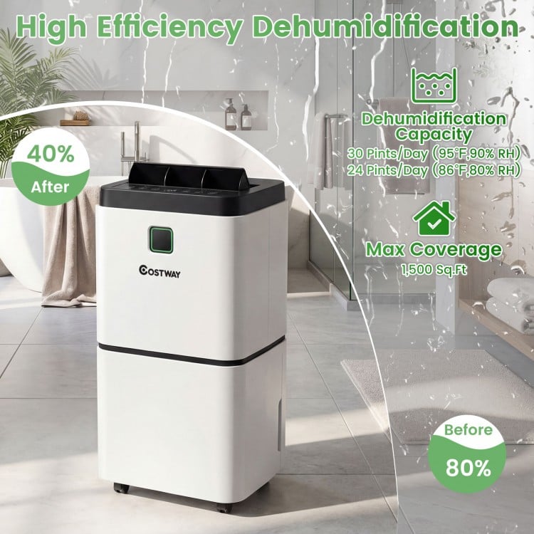 30 pints dehumidifier with digital display, suitable for rooms up to 1,500 sq.ft, featuring a full tank alarm and low.