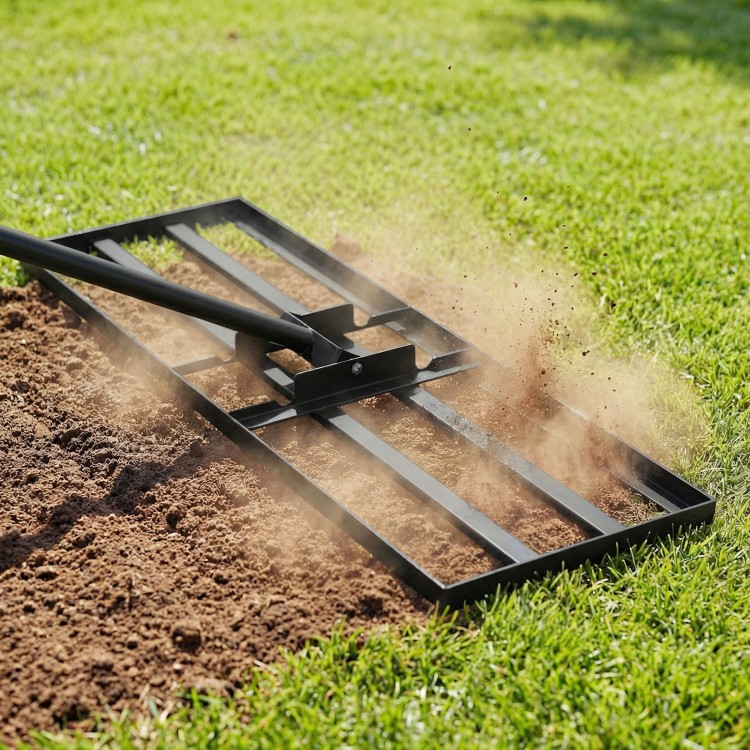 Heavy duty lawn level tool close-up showing the sturdy metal frame and rake plate, designed for efficient leveling.