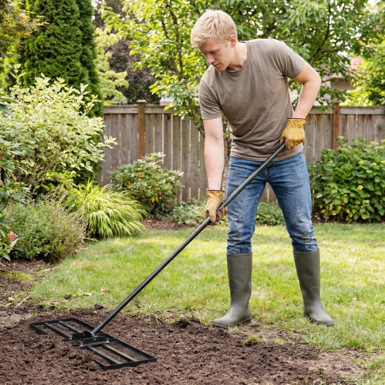 Heavy duty lawn level tool with 30 x 10 inch rake plate and 69 inch handle, ideal for efficient garden leveling.