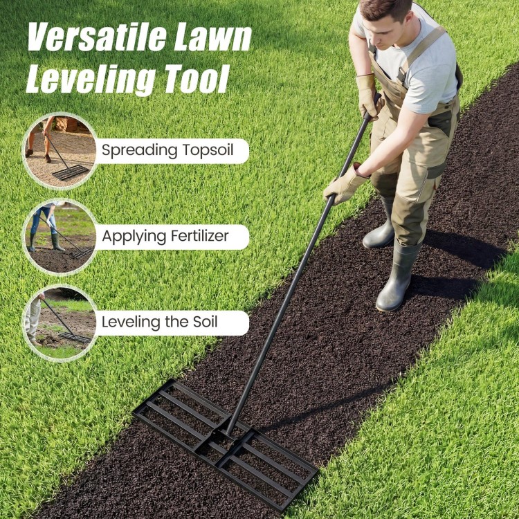 Heavy duty lawn leveling tool with 30 x 10 inch rake plate and 69 inch handle, ideal for efficient soil leveling.