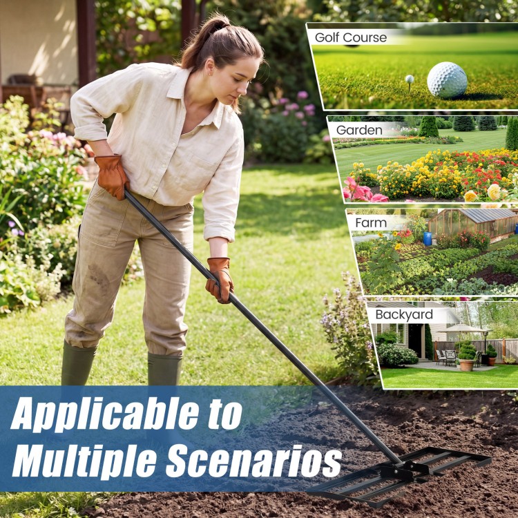 Heavy duty lawn level tool with 30 x 10 inch rake plate and 69 inch handle, ideal for garden and farm use.