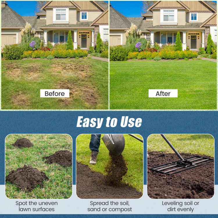 Heavy duty lawn level tool with 30 x 10 inch rake plate and 69 inch handle for efficient leveling in gardens or farms.