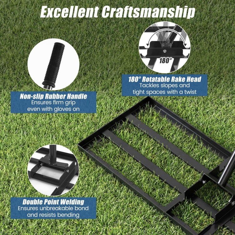 Heavy duty lawn level tool with 30 x 10 inch rake plate and 69 inch non-slip handle for efficient leveling in gardens.