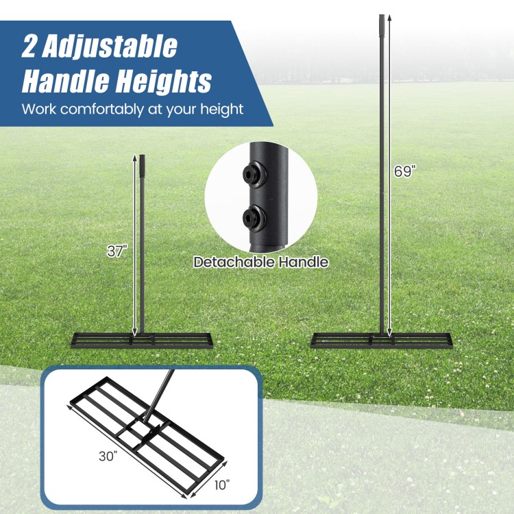 Heavy duty lawn level tool with adjustable 69-inch handle and 30 x 10 inch rake plate for efficient leveling in gardens.