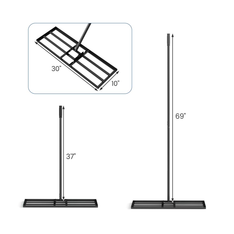 Heavy duty lawn level tool dimensions showing 30 x 10 inch rake plate and height options of 37 or 69 inches for.