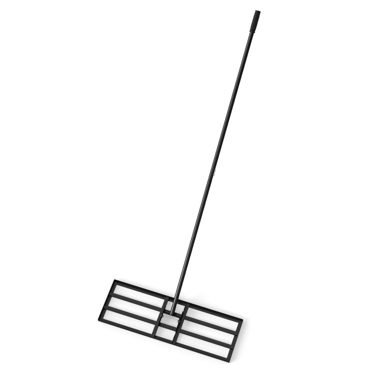 Heavy duty lawn level tool from a top view, showcasing the wide rake plate and long 69-inch handle for efficient.