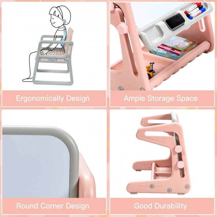 Kids easel table and chair set in pink with adjustable height, ample storage, and rounded corners for safety.