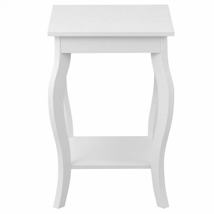 White accent sofa end side table with elegant curved legs, perfect for small item storage and space-saving solutions.