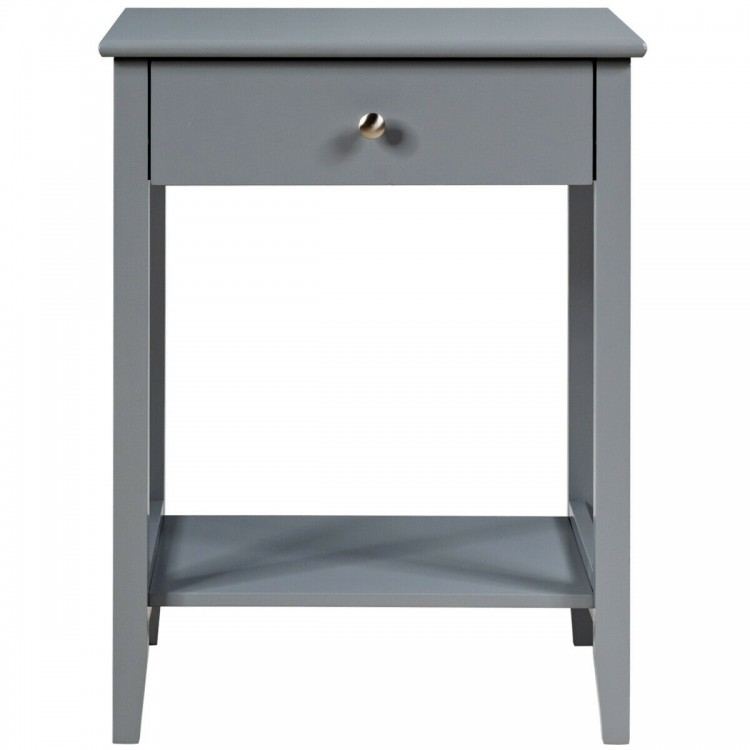 Gray wooden bedside sofa table featuring a sliding drawer and open shelf for convenient storage in any room.
