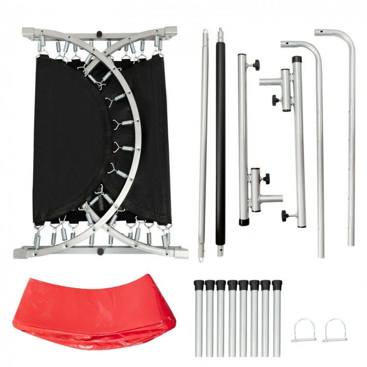 Foldable mini kids trampoline parts including frame, springs, and handle, designed for 2-person use and easy storage.