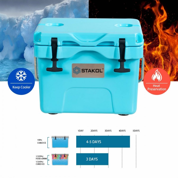 Portable blue insulated ice cooler with 24-can capacity, featuring premium insulation and two cup holders for outdoor.