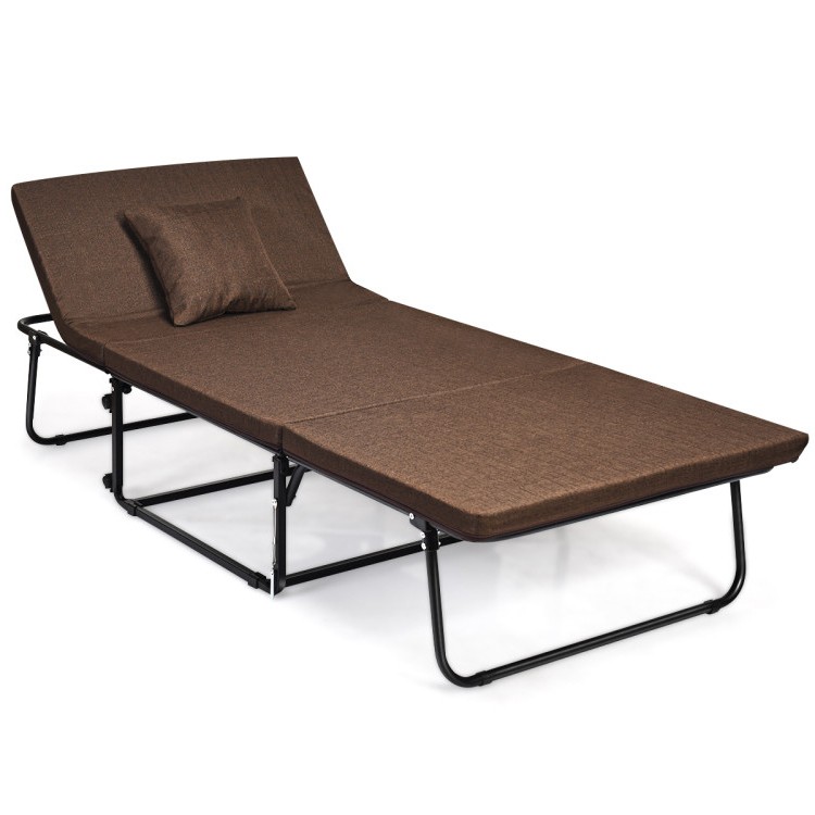 Folding guest sleeper bed in brown with adjustable backrest, steel frame, and extra pillow for versatile comfort.