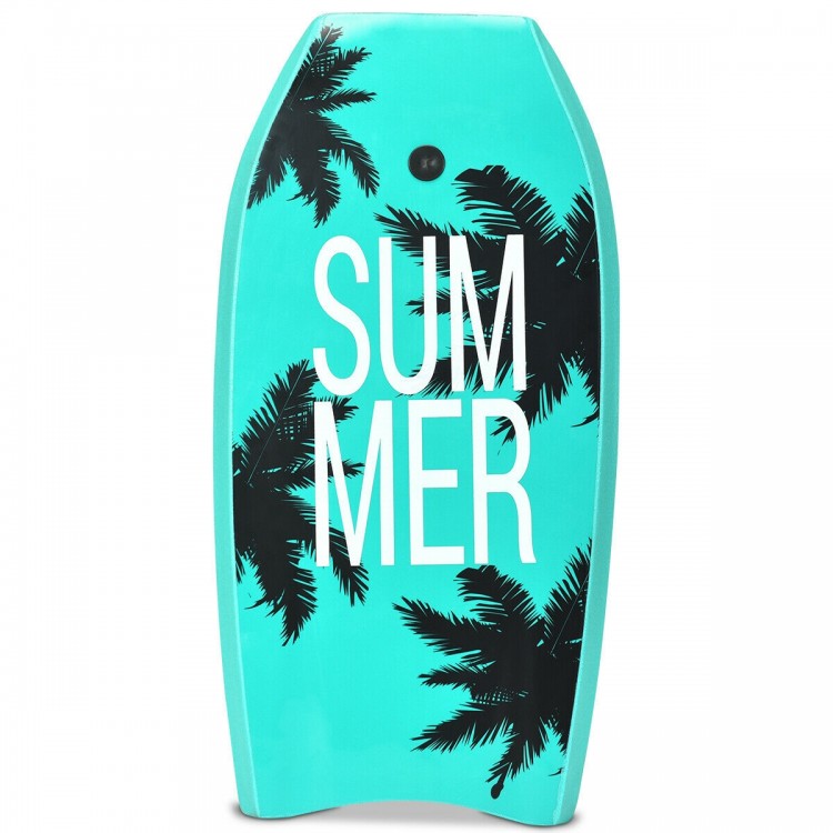Lightweight 33 Inch bodyboard with palm tree design, made of EPS core and XPE deck, perfect for summer surfing fun.